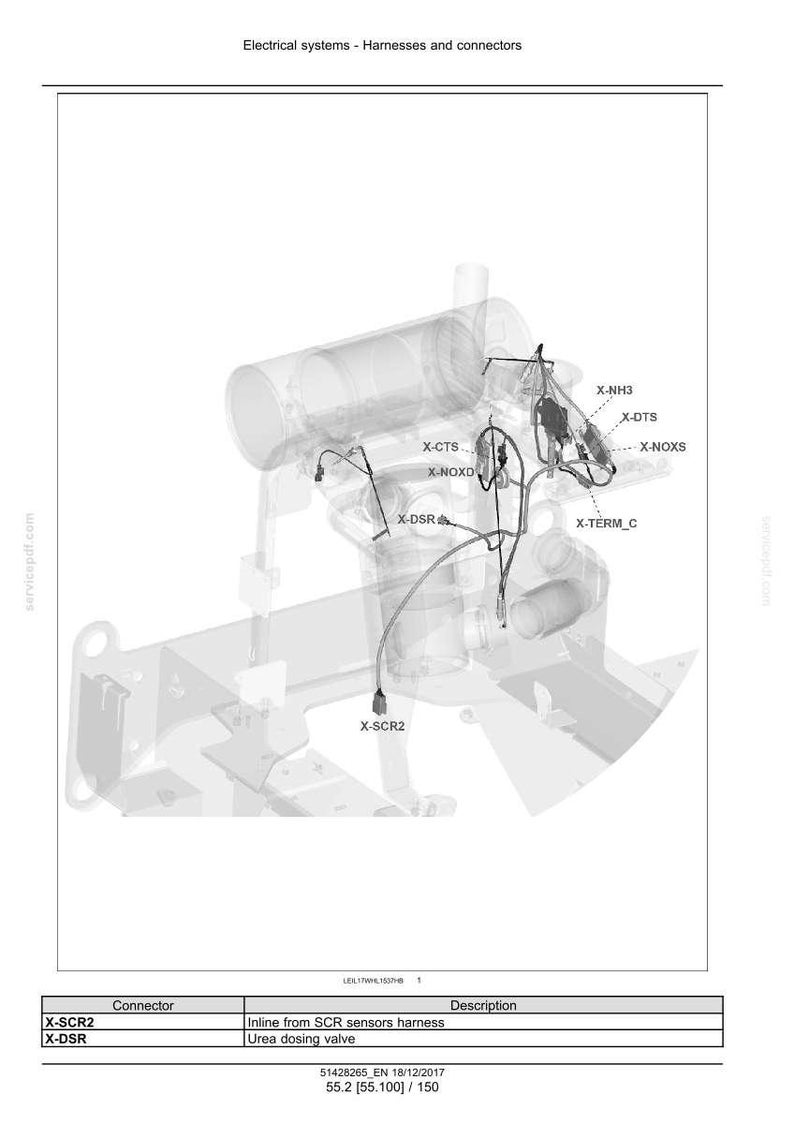 May include: Diagram of electrical systems, harnesses, and connectors. The image shows a detailed technical illustration of various components labeled with codes like X-SCR2, X-DSR, X-CTS, and X-NOXO. The diagram includes text and a table.