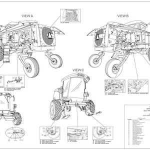 May include: Detailed technical diagrams of a self-propelled windrower, showcasing various views and components. The diagrams include labeled parts and exploded views, providing a comprehensive illustration of the machinery's design and functionality.