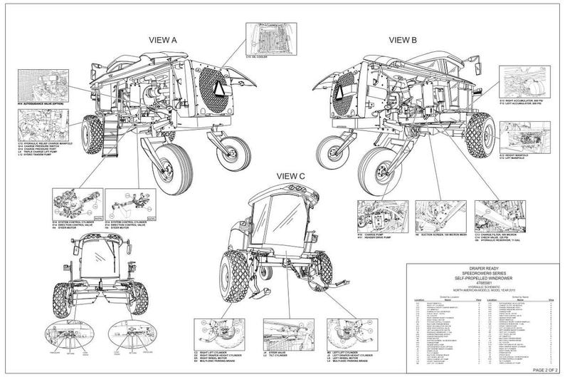 May include: Detailed technical diagrams of a self-propelled windrower, showcasing various views and components. The diagrams include labeled parts and exploded views, providing a comprehensive illustration of the machinery's design and functionality.