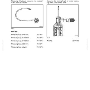 May include: Technical handbook page with diagrams of a pressure gauge and a stroke-measuring device. The pressure gauge has a circular dial and a flexible hose. The stroke-measuring device is a detailed schematic.