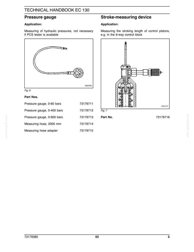 May include: Technical handbook page with diagrams of a pressure gauge and a stroke-measuring device. The pressure gauge has a circular dial and a flexible hose. The stroke-measuring device is a detailed schematic.