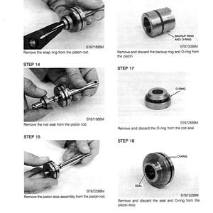 May include: A technical diagram with step-by-step instructions for disassembling a piston assembly. The images show various components, including rings, seals, and the piston rod. Text labels identify each step and part number.