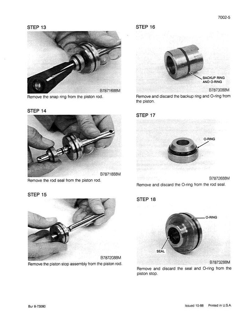 May include: A technical diagram with step-by-step instructions for disassembling a piston assembly. The images show various components, including rings, seals, and the piston rod. Text labels identify each step and part number.