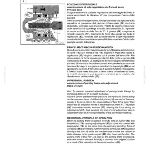 May include: Diagram of a brake disk group with labeled components, including pistons, washers, and a threaded rod. The diagram includes text in Italian and English, detailing the mechanical principles of operation and differential position.