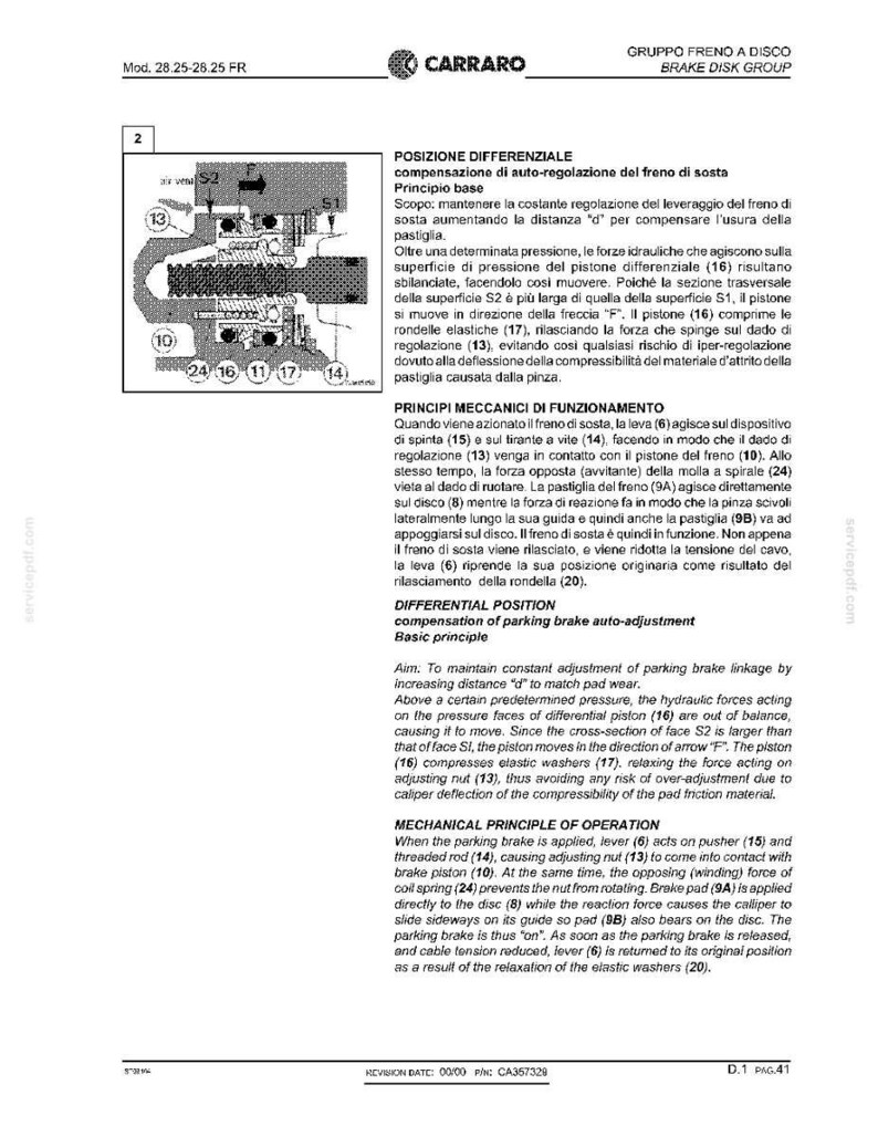May include: Diagram of a brake disk group with labeled components, including pistons, washers, and a threaded rod. The diagram includes text in Italian and English, detailing the mechanical principles of operation and differential position.