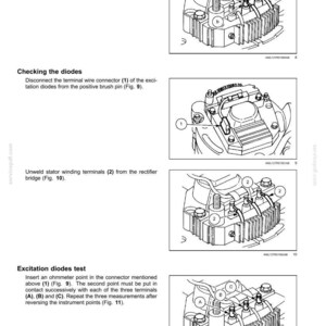 May include: Diagrams showing alternator components and testing steps. Includes images of connectors, terminals, and a rectifier bridge. Text instructions detail diode checks and excitation tests.