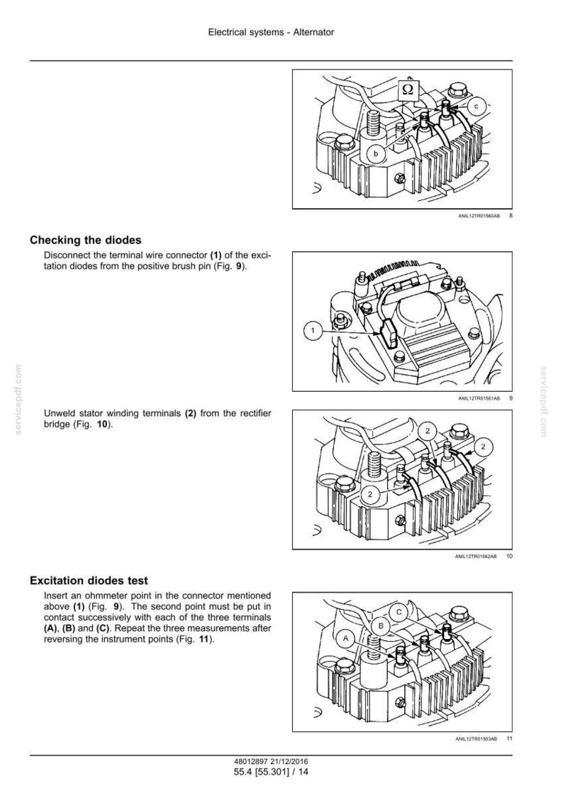 May include: Diagrams showing alternator components and testing steps. Includes images of connectors, terminals, and a rectifier bridge. Text instructions detail diode checks and excitation tests.