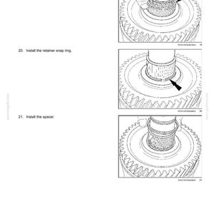 May include: Diagram of transmission components, including a roller bearing, snap ring, and spacer. The image is a technical illustration with arrows indicating installation steps. Text at the top reads "Transmission - Powershift transmission internal components."