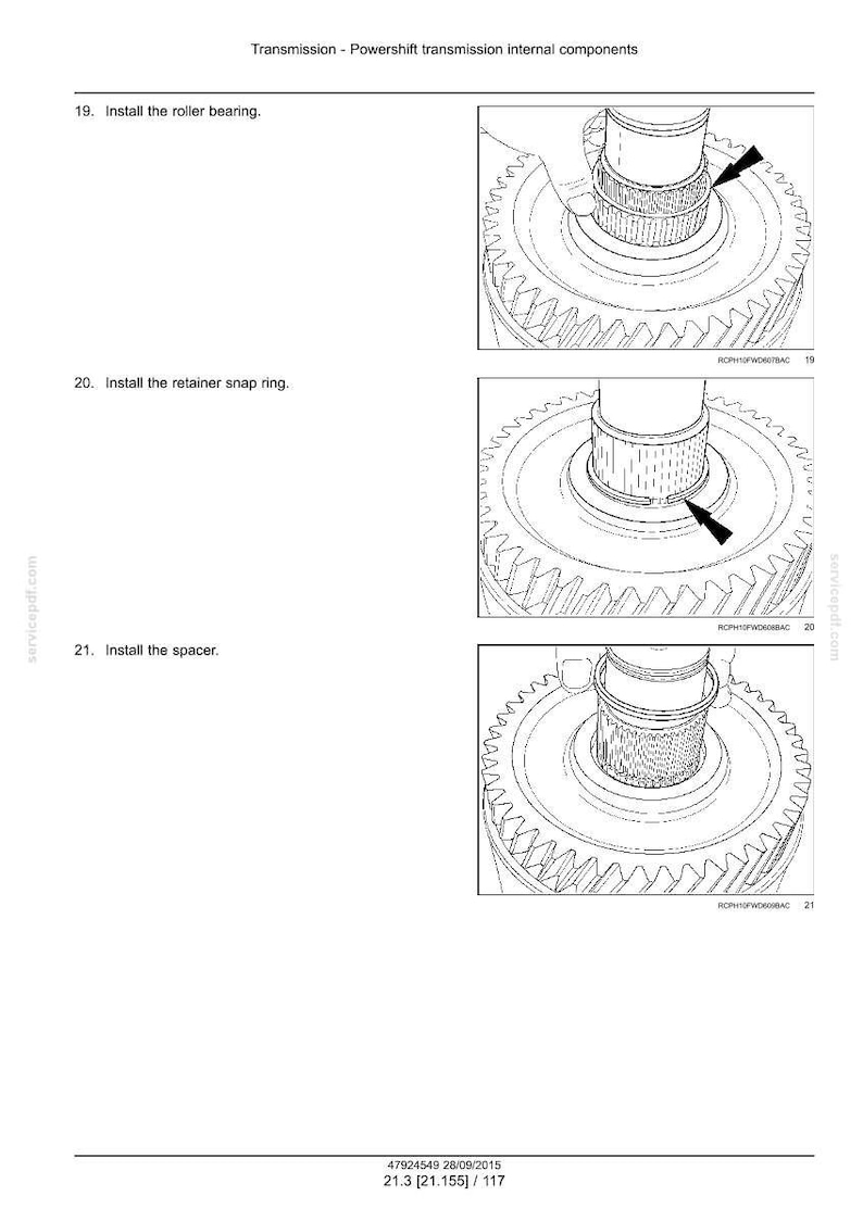 May include: Diagram of transmission components, including a roller bearing, snap ring, and spacer. The image is a technical illustration with arrows indicating installation steps. Text at the top reads "Transmission - Powershift transmission internal components."