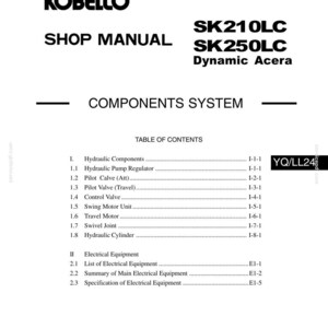 May include: A Kobelco shop manual for SK210LC and SK250LC Dynamic Acera models, featuring a components system table of contents. The document lists hydraulic components like pumps, valves, motors, and electrical equipment with specific page references.