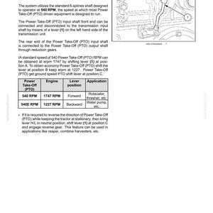 May include: Diagram of a two-speed rear Power Take-Off (PTO) system, illustrating the components and operation of the PTO. Includes text describing the PTO's function, speed, and lever positions. The diagram shows a lever (1) and other mechanical parts.