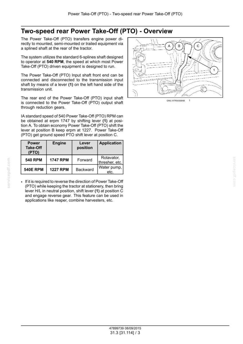 May include: Diagram of a two-speed rear Power Take-Off (PTO) system, illustrating the components and operation of the PTO. Includes text describing the PTO's function, speed, and lever positions. The diagram shows a lever (1) and other mechanical parts.