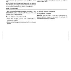 May include: A page from a manual detailing diesel fuel specifications and maintenance instructions. Text includes warnings about fuel grades, fuel conditioner use, and winter fuel considerations. The page is white with black text.