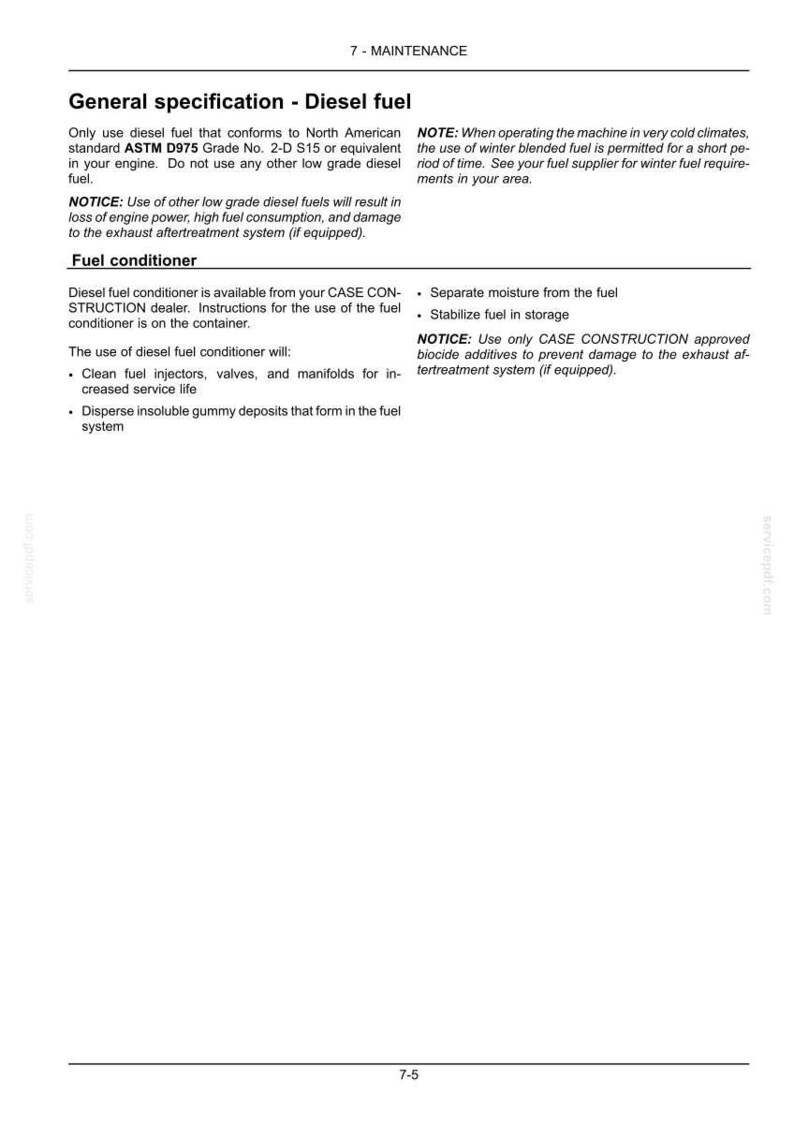 May include: A page from a manual detailing diesel fuel specifications and maintenance instructions. Text includes warnings about fuel grades, fuel conditioner use, and winter fuel considerations. The page is white with black text.
