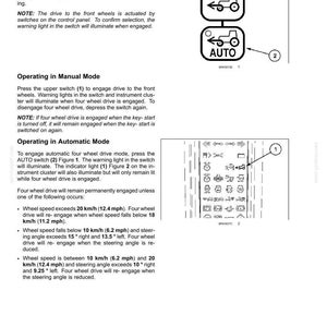 May include: A technical manual page titled 6-WORKING OPERATIONS detailing four-wheel drive functions. It includes text instructions, two diagrams showing tractor icons with switches labeled 1 and 2, and an instrument cluster graphic with indicator light 1.