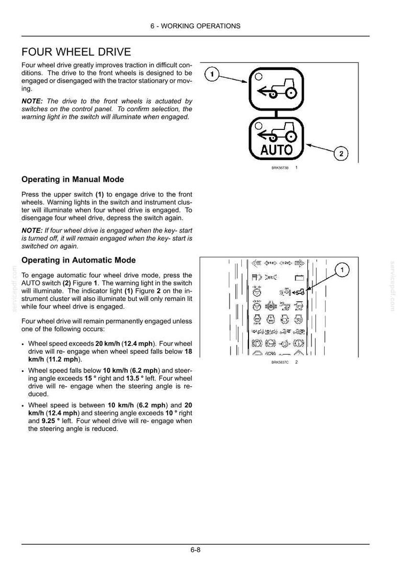 May include: A technical manual page titled 6-WORKING OPERATIONS detailing four-wheel drive functions. It includes text instructions, two diagrams showing tractor icons with switches labeled 1 and 2, and an instrument cluster graphic with indicator light 1.