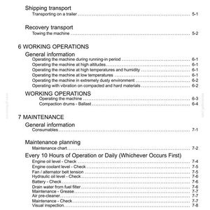 May include: A detailed page from a manual, with headings like "Transport Operations", "Working Operations", and "Maintenance". The text includes checklists for engine oil, coolant, and other maintenance tasks. The page is white with black text.