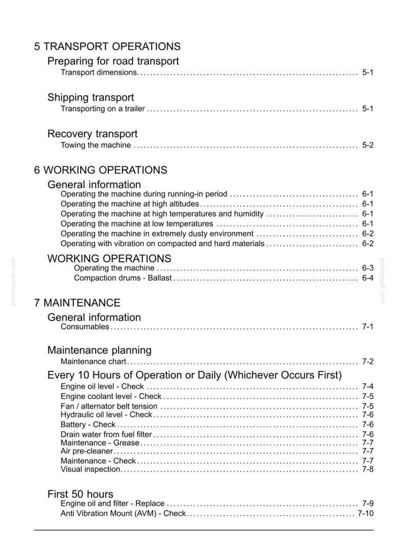 May include: A detailed page from a manual, with headings like "Transport Operations", "Working Operations", and "Maintenance". The text includes checklists for engine oil, coolant, and other maintenance tasks. The page is white with black text.
