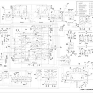 May include: A detailed engineering schematic of a CX350C excavator's hydraulic system, rendered in black and white. The diagram features numerous interconnected components, lines, and labels, with the text "CX350C EXCAVATOR HYDRAULIC SCHEMATIC" at the bottom.