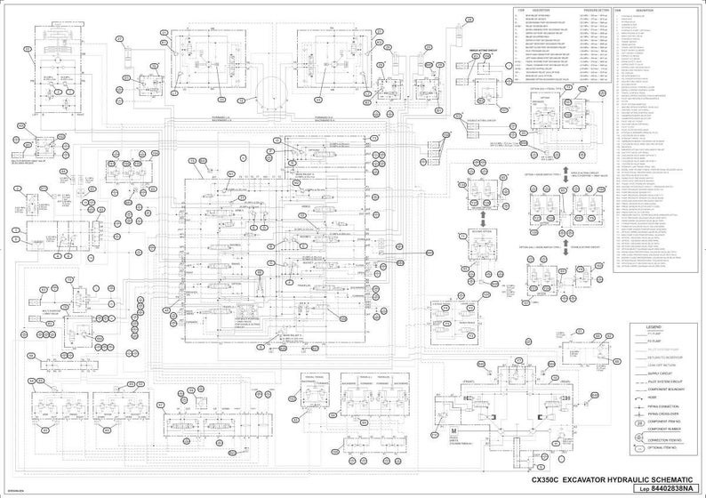 May include: A detailed engineering schematic of a CX350C excavator's hydraulic system, rendered in black and white. The diagram features numerous interconnected components, lines, and labels, with the text "CX350C EXCAVATOR HYDRAULIC SCHEMATIC" at the bottom.