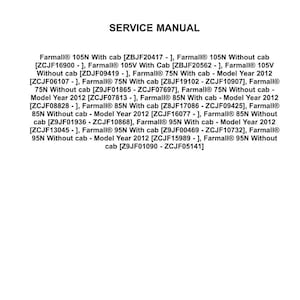 May include: A service manual with the Case IH Agriculture logo at the top. The manual lists various Farmall tractor models, including 105N, 105V, 75N, 85N, and 95N, with cab and without cab options. The document includes model year information.