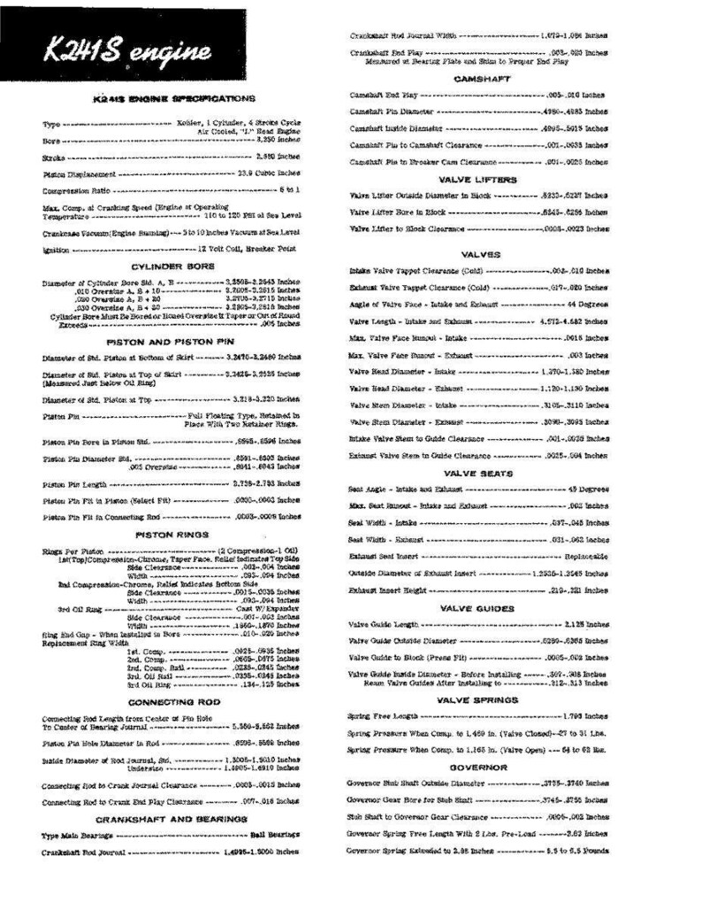 Pu&ograve; includere: Tabella delle specifiche del motore K2418. Include misure di alesaggio, corsa, pistone, valvola e biella. Presenta le specifiche per il motore Kohler a 1 cilindro, 4 tempi, raffreddato ad aria.