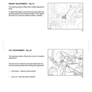 May include: A technical manual page titled STEERING WHEEL ADJUSTMENT, featuring two black and white line drawings. Figure 41 shows a steering wheel with a height adjustment knob labeled 1. Figure 42 shows a steering wheel lever labeled 2.