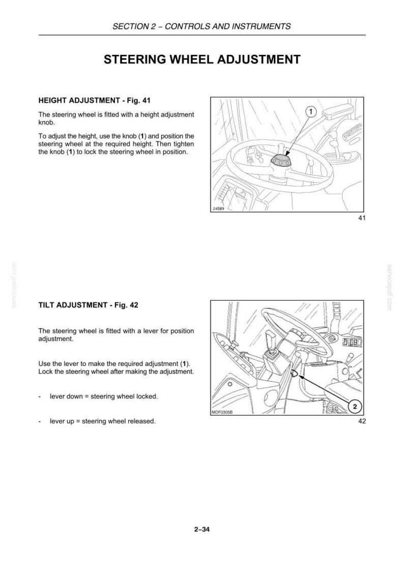 May include: A technical manual page titled STEERING WHEEL ADJUSTMENT, featuring two black and white line drawings. Figure 41 shows a steering wheel with a height adjustment knob labeled 1. Figure 42 shows a steering wheel lever labeled 2.