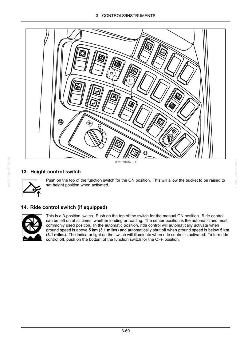 May include: Diagram of a control panel with multiple switches and buttons, labeled with text. Includes a height control switch and a ride control switch. The image is a technical illustration, likely from an equipment manual.