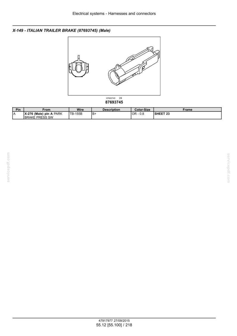 Op de afbeelding: Technische tekening van een Italiaanse aanhangerremconnector, aangeduid als X-149, met het nummer 87693745. De tekening bevat twee aanzichten van de connector en een tabel met technische specificaties. De tekst "Electrical systems - Harnesses and connectors" staat bovenaan.