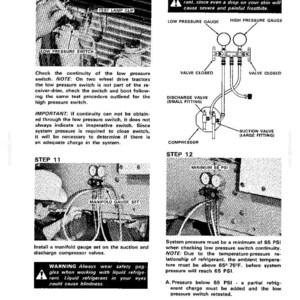 May include: Technical diagrams and instructions for automotive air conditioning system maintenance. Includes illustrations of gauges, valves, and safety warnings. Text includes steps for checking pressure switches and refrigerant levels.