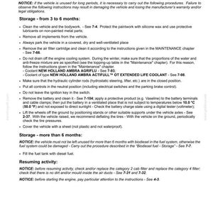 May include: A technical document page titled 7-MAINTENANCE, detailing tractor storage procedures for periods of 3 to 6 months and over 6 months. It includes instructions for cleaning, battery care, tire maintenance, and resuming activity for the vehicle.