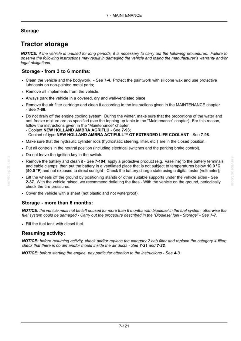 May include: A technical document page titled 7-MAINTENANCE, detailing tractor storage procedures for periods of 3 to 6 months and over 6 months. It includes instructions for cleaning, battery care, tire maintenance, and resuming activity for the vehicle.