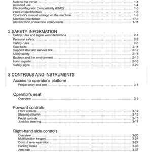 May include: A page from a manual titled "Contents" with a list of topics including "General Information," "Safety Information," and "Controls and Instruments." The text is black on a white background.