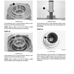 May include: Assembly diagram with four steps illustrating automotive part installation. Step 22 shows a bearing cup, Step 23 shows a bearing cup, Step 24 shows a bearing cone, and Step 25 shows a shaft plug. Text provides instructions and force measurements in pound-force.