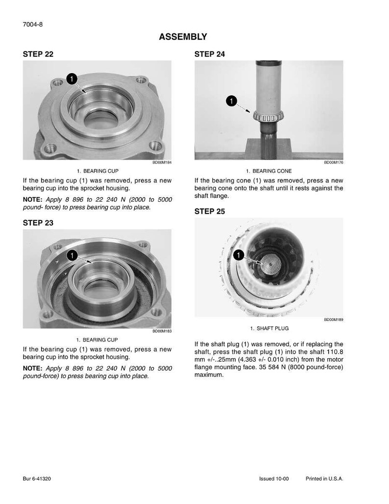 May include: Assembly diagram with four steps illustrating automotive part installation. Step 22 shows a bearing cup, Step 23 shows a bearing cup, Step 24 shows a bearing cone, and Step 25 shows a shaft plug. Text provides instructions and force measurements in pound-force.