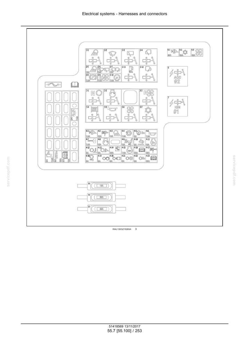 May include: Diagram of electrical systems, harnesses, and connectors. The image includes various symbols and diagrams of electrical components, along with text labels and a grid layout. The text at the top reads "Electrical systems - Harnesses and connectors."
