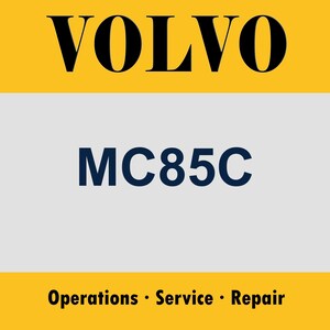 May include: A rectangular sign featuring a yellow top and bottom border with a light grey central section. The word VOLVO is displayed in bold black lettering at the top. The text MC85C is printed in dark blue, followed by Operations · Service · Repair.