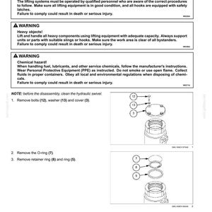 Pu&ograve; includere: Diagramma del processo di smontaggio di un giunto girevole idraulico. L'immagine include avvertenze sui pericoli e istruzioni per rimuovere bulloni, rondelle, O-ring e anelli di fermo. Misure in unit&agrave; metriche.