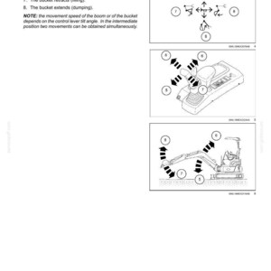 May include: Diagram of excavator controls and instruments. Includes illustrations of the right-hand control lever, with labels for boom lowering, raising, bucket retracting, and extending. Text at the top reads "3 - CONTROLS AND INSTRUMENTS."