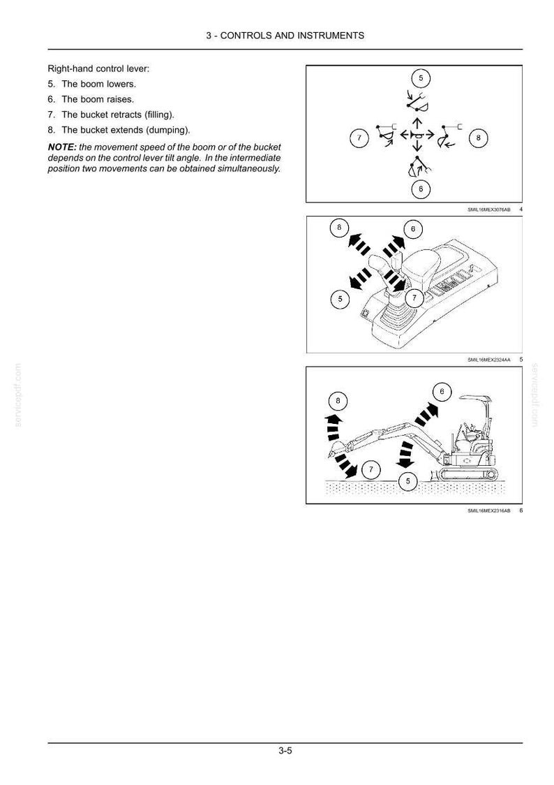 May include: Diagram of excavator controls and instruments. Includes illustrations of the right-hand control lever, with labels for boom lowering, raising, bucket retracting, and extending. Text at the top reads "3 - CONTROLS AND INSTRUMENTS."
