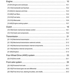 May include: A page from a manual titled "Contents" with a list of engine, clutch, transmission, and axle components. The document includes section numbers and page numbers for each item.