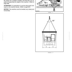 Op de afbeelding: Diagram met bedieningsinstructies voor machines. De afbeelding toont een graafmachine met een hoek van 30-40 graden en een diagram van de machine die wordt opgetild met een hoek van 60 graden. De tekst bevat veiligheidsinstructies.