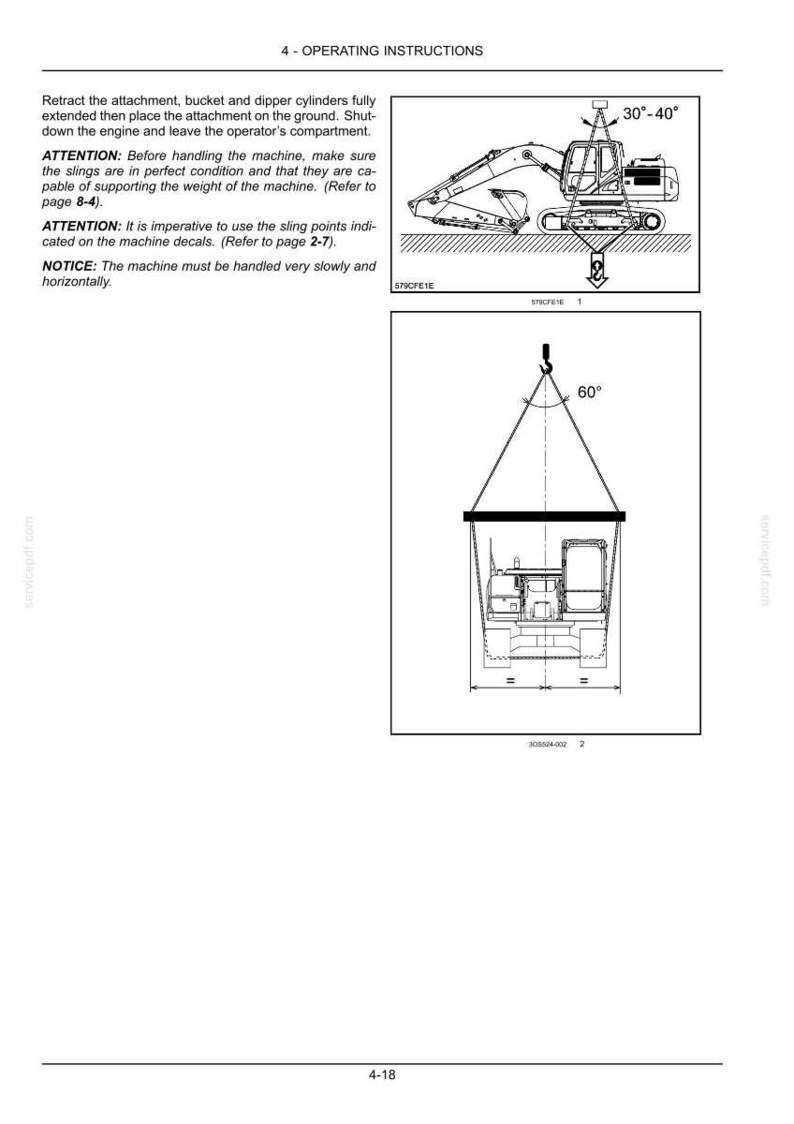Op de afbeelding: Diagram met bedieningsinstructies voor machines. De afbeelding toont een graafmachine met een hoek van 30-40 graden en een diagram van de machine die wordt opgetild met een hoek van 60 graden. De tekst bevat veiligheidsinstructies.