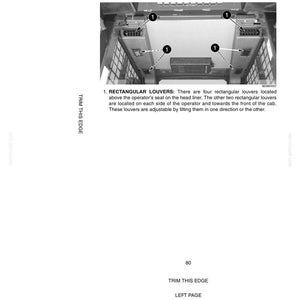 May include: Diagram of air louvers in a vehicle cab. The image shows four rectangular louvers above the operator's seat and two on the sides. Text indicates the louvers are adjustable and can be closed.