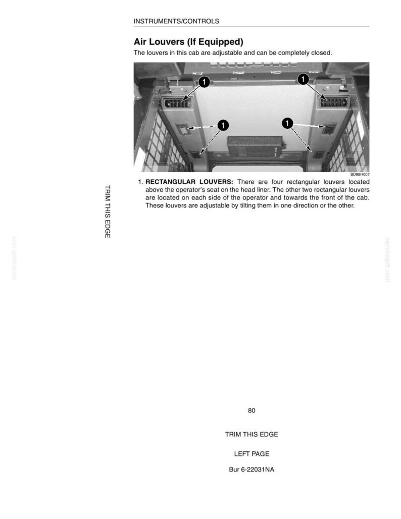 May include: Diagram of air louvers in a vehicle cab. The image shows four rectangular louvers above the operator's seat and two on the sides. Text indicates the louvers are adjustable and can be closed.