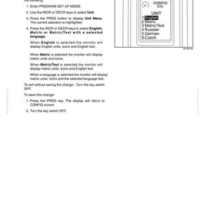 May include: A technical manual page titled 4-INSTRUMENTATION with instructions for changing U.S. Standard or Metric display units on a monitor. It includes a diagram of a screen showing a CONFIG ICU menu with options for English, Metric, Metric/Text, Russian, German, and Czech.