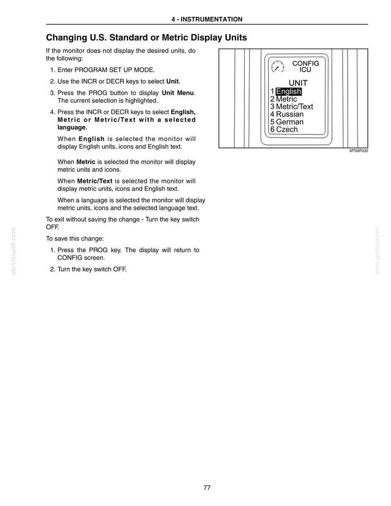 May include: A technical manual page titled 4-INSTRUMENTATION with instructions for changing U.S. Standard or Metric display units on a monitor. It includes a diagram of a screen showing a CONFIG ICU menu with options for English, Metric, Metric/Text, Russian, German, and Czech.