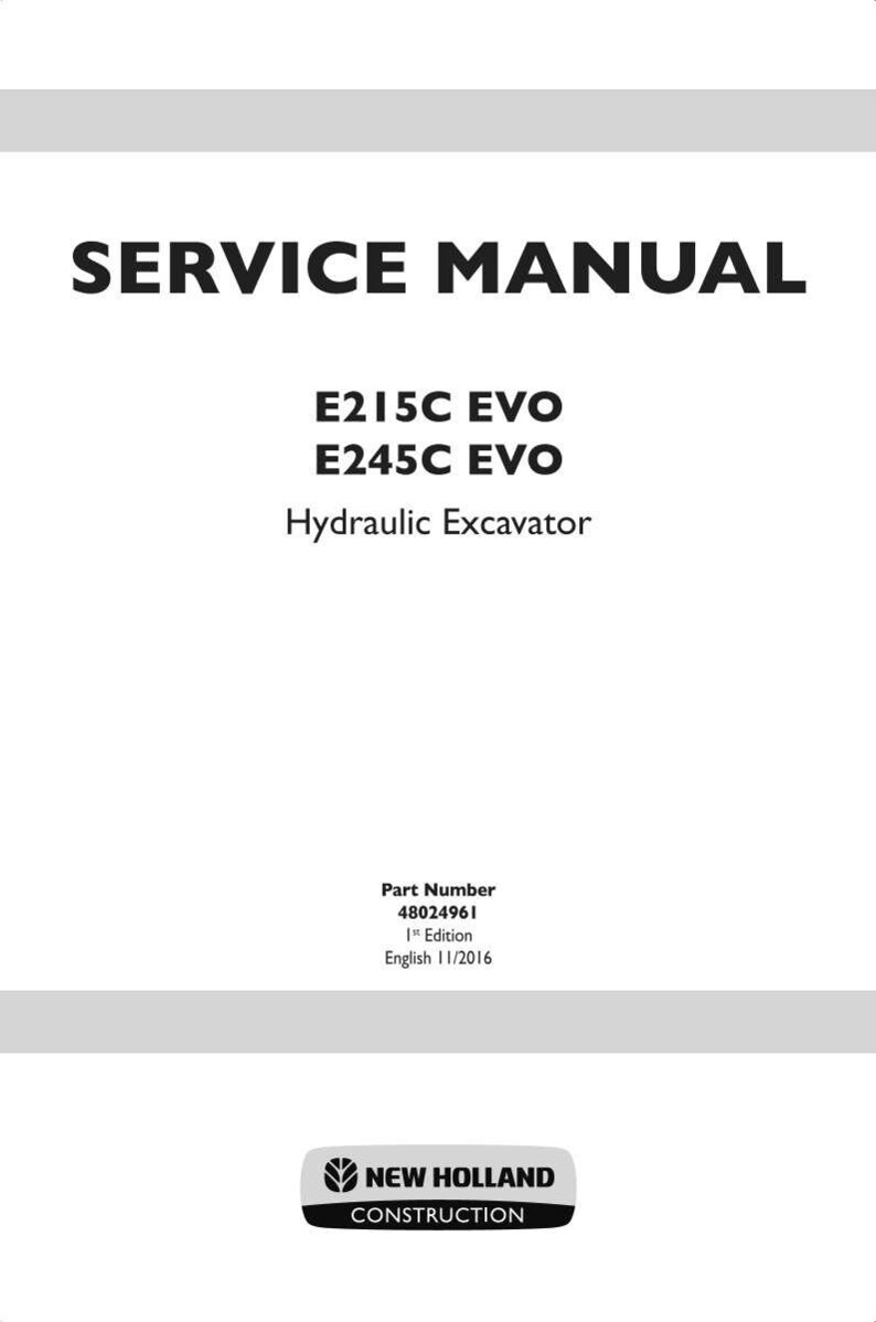 May include: A service manual for the E215C EVO and E245C EVO Hydraulic Excavator. The cover is white with black text, including the title "SERVICE MANUAL" and the New Holland Construction logo. Part number 48024961, 1st Edition, English 11/2016.