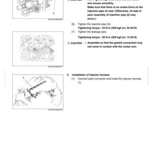 May include: A technical manual page titled FUEL SYSTEM E485B containing diagrams and instructions for tightening injector clamps, injection pipes, and leakage pipes with specified torque values in N&middot;m, kgf&middot;cm, and lbf&middot;ft, plus injector harness installation.